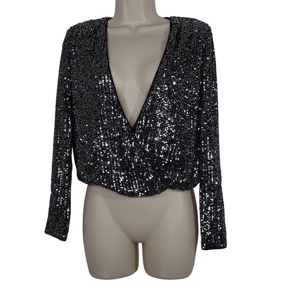Lush Sequin Long Sleeve Crop Top Women Size XS V-Neck Surplice Black Glam Party - Picture 1 of 11